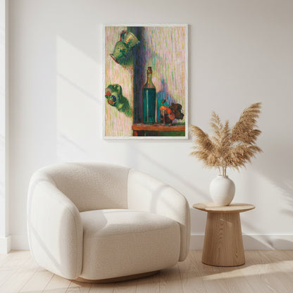 A 60×80 cm white-framed art print as a focal artwork in a serene living room. Neutral tones, natural textures, boucle armchair, pampas grass and warm light. Elegant, calming design for millennial women.