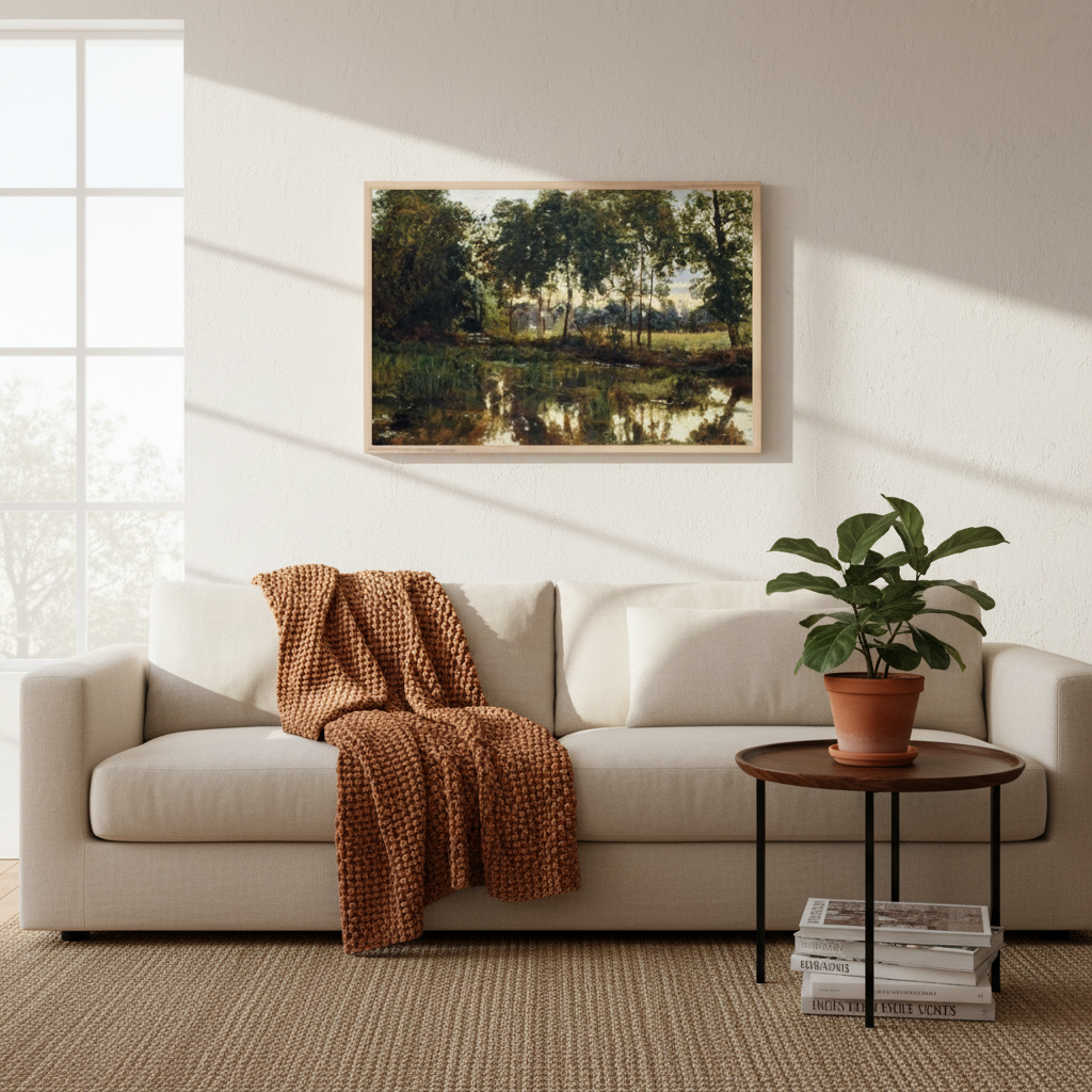 Framed art print of A View of Rye Water near Leixlip by William Davis displayed in a bright modern living room, oak frame, Irish landscape décor.