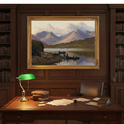 A framed print of A View of the Killaries displayed in a traditional Irish study with mahogany desk, leather armchair, old books and brass lamp. Warm light enhances the mountain and fjord scenery, evoking calm and heritage.