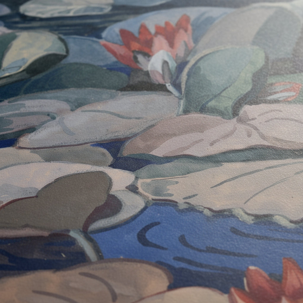 A Water-Lily Pond (c.1919) by Mainie Jellett, extreme close-up of unframed fine art print, focus on thick matte museum paper texture, soft diffused daylight, subtle shadows, crisp ink detail, edges of the paper visible, premium archival quality, 
