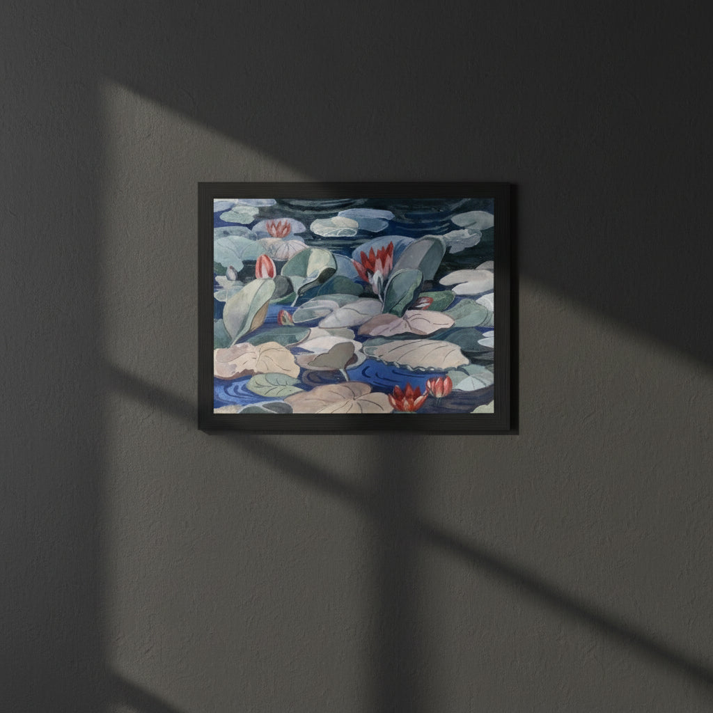 A Water-Lily Pond (c.1919) by Mainie Jellett thin black wooden frame on deep charcoal wall, dramatic side-lighting, museum-style dramatic shadows, premium luxury interior, high contrast and high detail, sophisticated atmosphere
