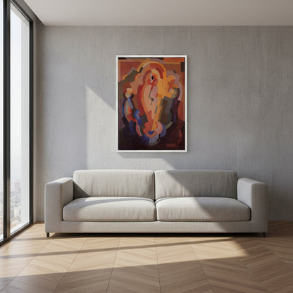 A serene interior featuring pale plaster walls, tatami-style flooring and low walnut furniture. Jellett’s Abstract Composition in a white frame introduces colour and movement, blending modernist geometry with spiritual calm and balance.