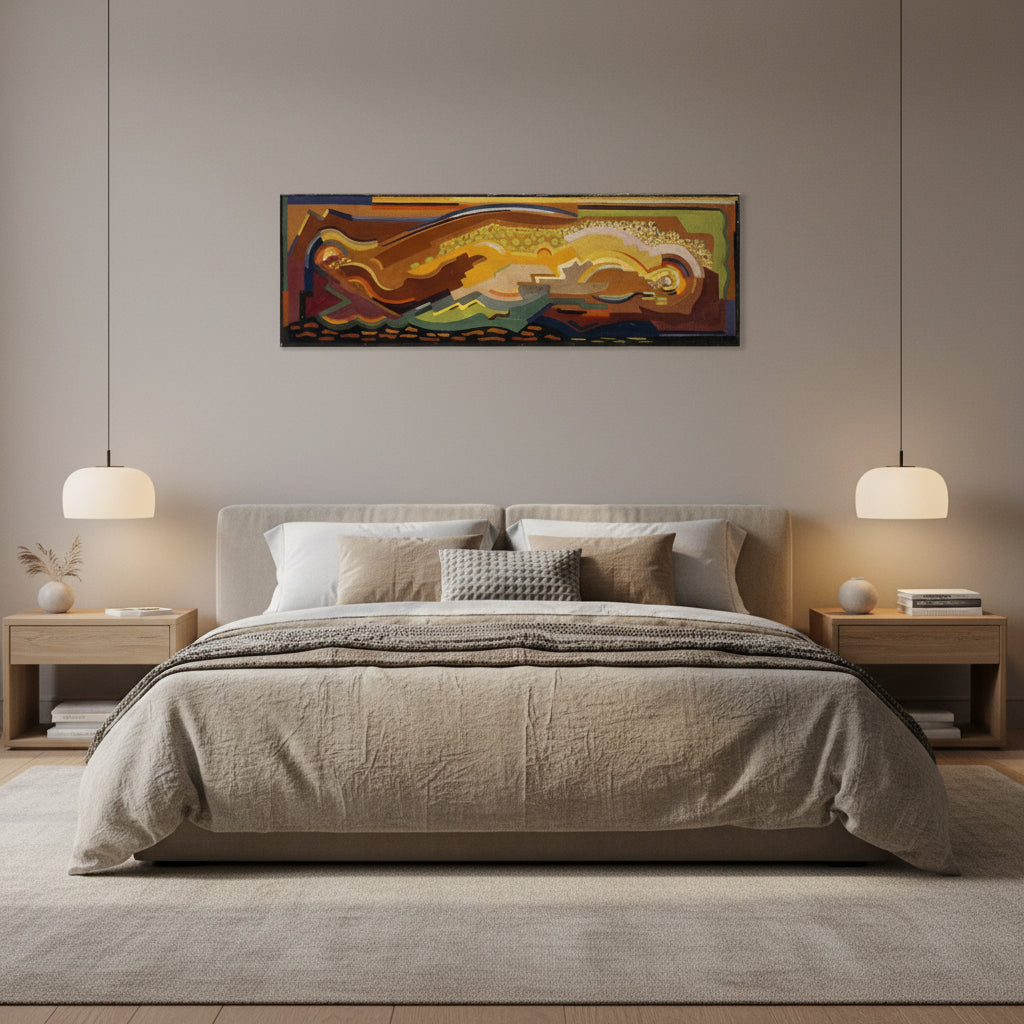 Abstract Composition – Mainie Jellett  Canvas Print Abstract canvas art print above a modern bed with layered linen textures, warm ambient lighting, muted colour palette, oak side tables, designer lamps, soft styling, minimal clutter, high-end interior aesthetic, canvas grain visible, photorealistic 4K.