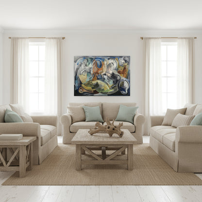 Achill Horses framed artwork in coastal Irish interior with whitewashed walls