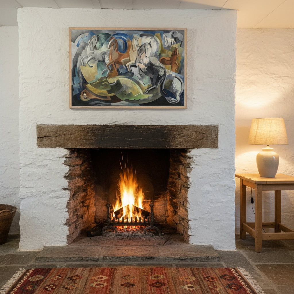 Achill Horses framed in natural wood, displayed above a stone fireplace in a heritage Irish cottage; rough limewashed walls, woven rug, ceramic lamp with linen shade, peat fire glow, blend of tradition and modernism.