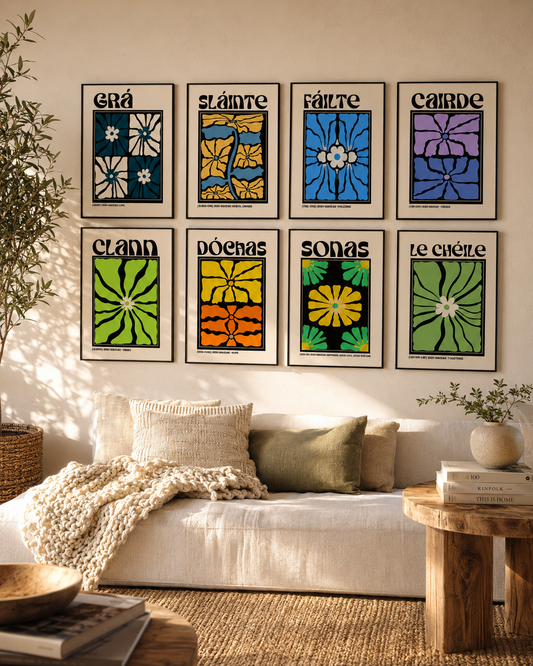 As Gaeilge — set of 8 Irish language word prints displayed together as a gallery wall, Buy Irish Art