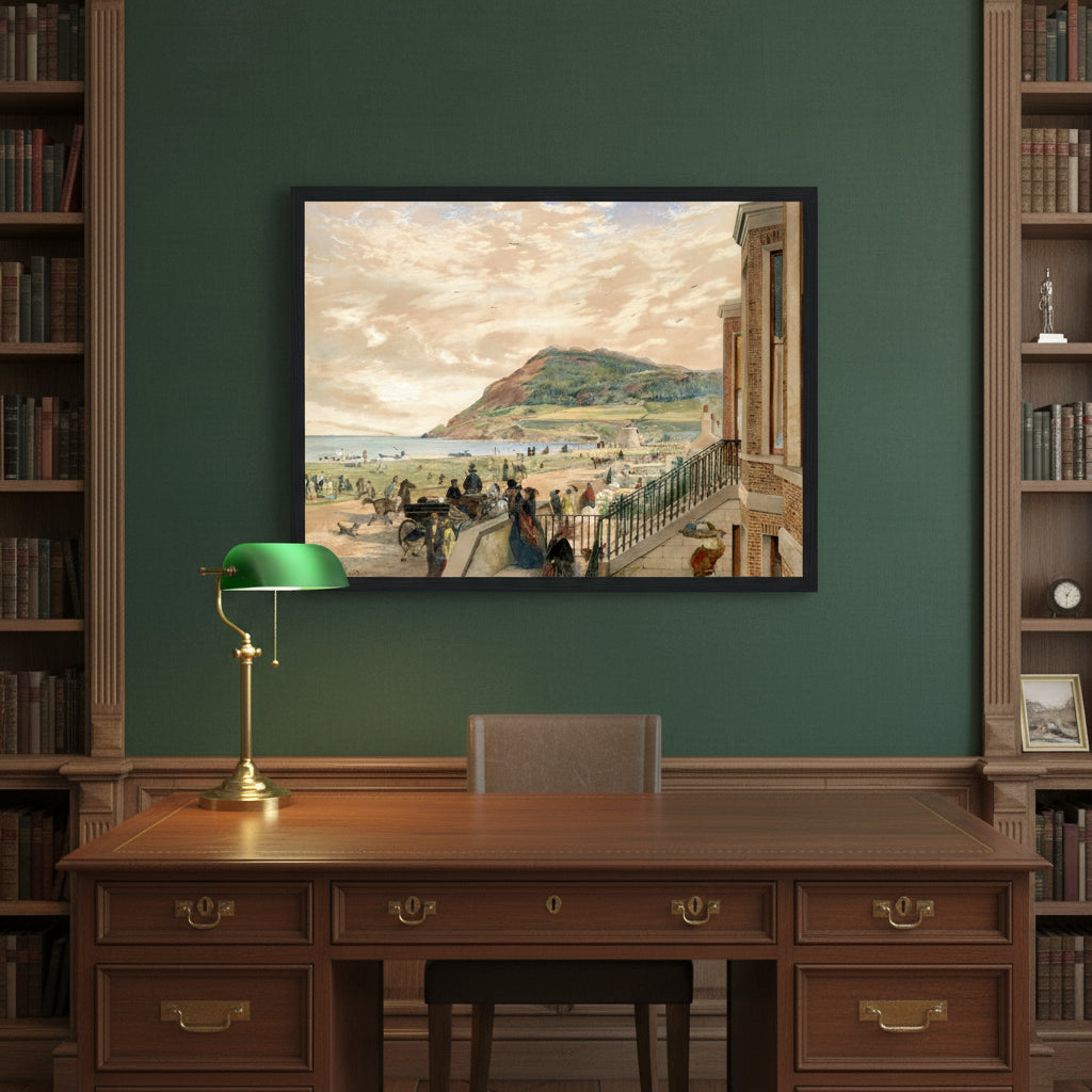 Black-framed Bray seafront artwork above a mahogany writing desk in a heritage library with dark green walls and brass desk lamp.