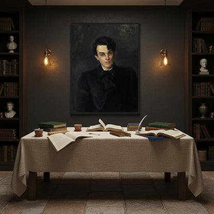 Boutique cultural space with linen-draped table and poetry books displayed beneath Black framed Yeats portrait; warm tungsten lighting and calm atmosphere