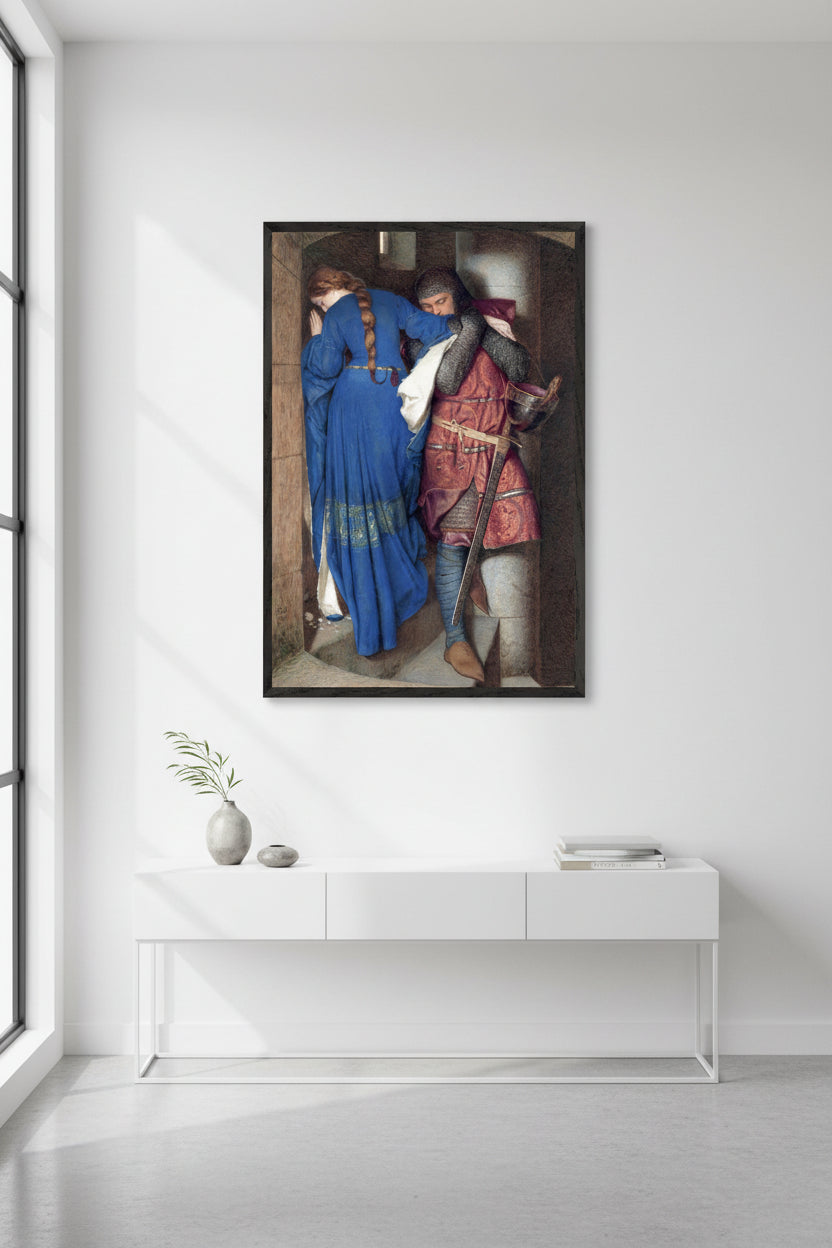 Buy Irish Art - The Meeting on the Turret Stairs – Collector’s Edition Irish Art Print by Frederic William Burton painting in sleek black frame hanging in modern entryway above narrow console, clean styling.