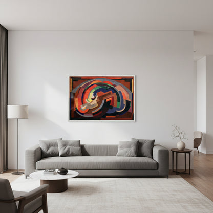 60×90 cm framed print of ‘Composition (c.1935)’ by Mainie Jellett in a white frame, spacious contemporary home interior, soft diffused daylight