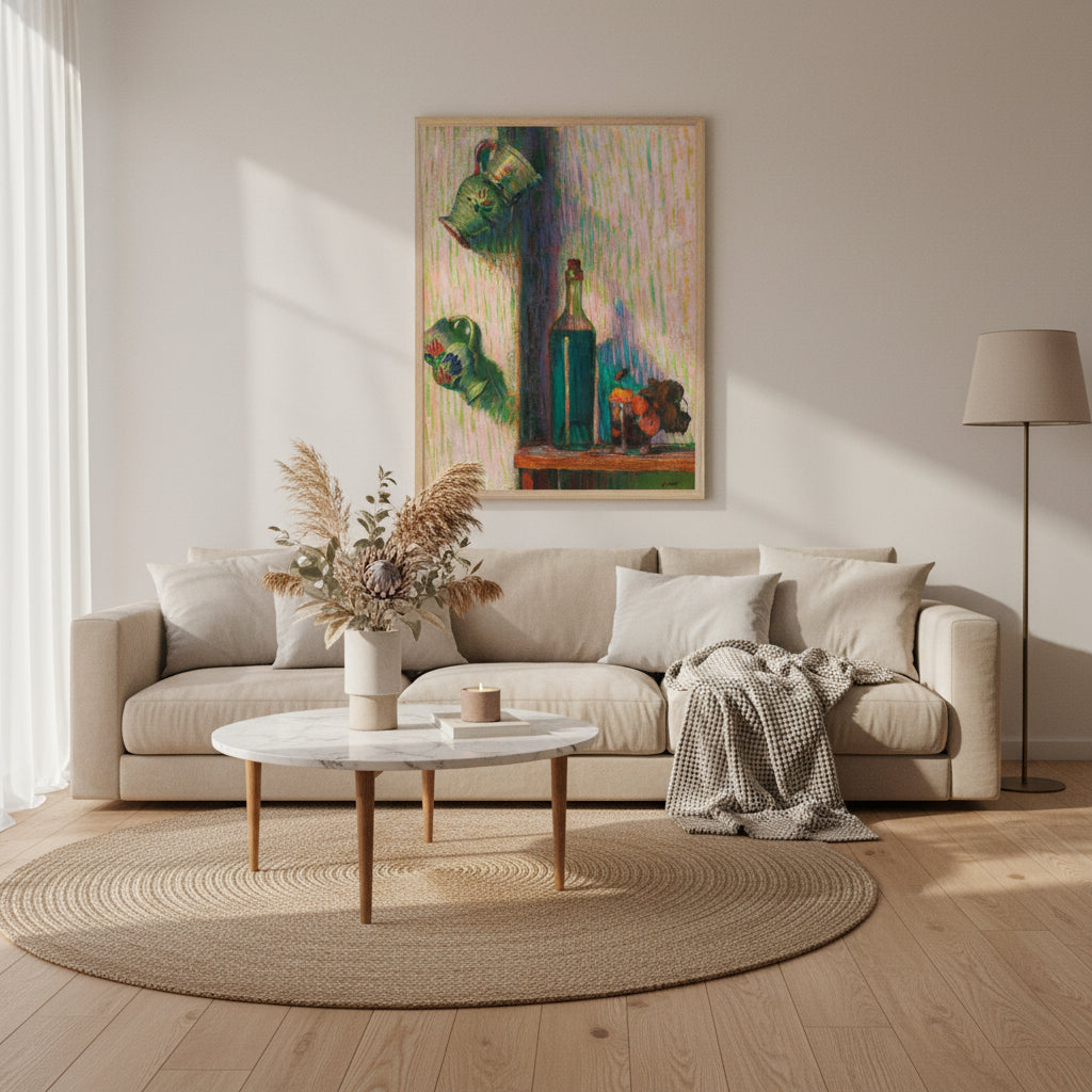 Flowers, Bottle and Two Jugs by Irish Artist Roderic O'Conor Art Print. A soft, Scandinavian-inspired living room light oak floors, soft beige sofa, boucle textures, dried flowers in a ceramic vase, and warm natural light. On the wall hangs a vertical Post-Impressionist art print with vibrant stripes and a teal bottle. Minimal, elegant, aspirational atmosphere.