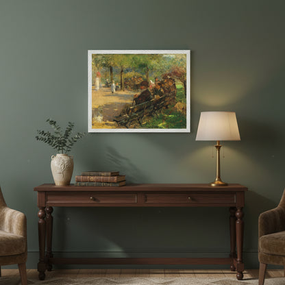 Framed 40×50 cm art print of “In St Stephen’s Green” by Walter Frederick Osborne displayed above a console table with books, a ceramic vase, and soft ambient lighting. Warm, cosy, heritage-inspired interior. Photorealistic, ultra-detailed, inviting atmosphere.