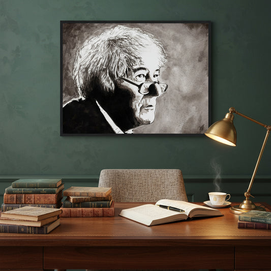 Poetic brilliance of Seamus Heaney with our framed fine art print. This carefully crafted portrait print pays homage to the lyrical genius of the beloved Irish poet. Framed Seamus Heaney portrait in black frame above a writing desk lined with books of poetry, a fountain pen, and warm lamp light. Deep green walls, refined Irish ambience.