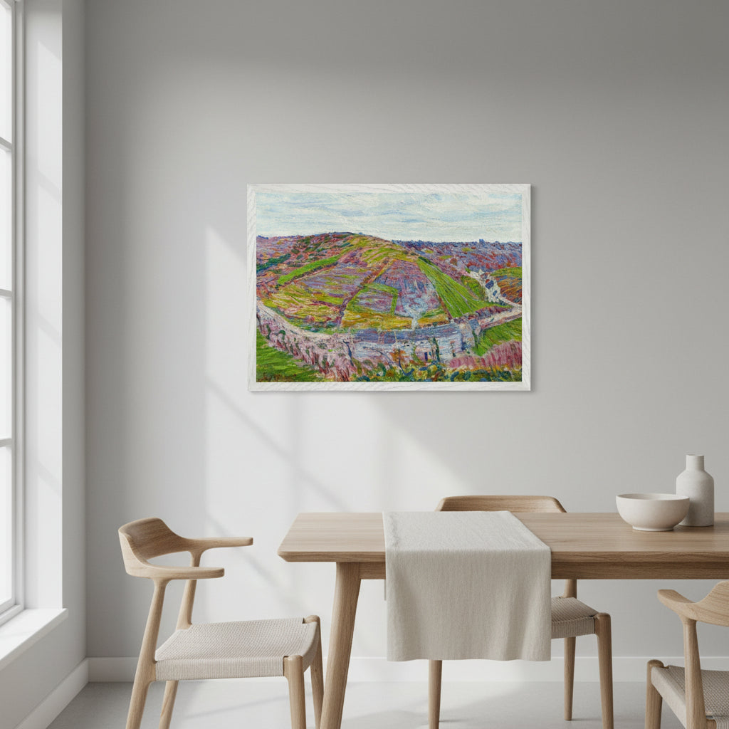 Framed landscape print Paysage, Pont Aven (1892) in a crisp white frame, hanging above a light wood dining table with simple linen runner, modern chairs, pale grey wall, natural daylight from side window, styling clean and contemporary, focus on the print.
