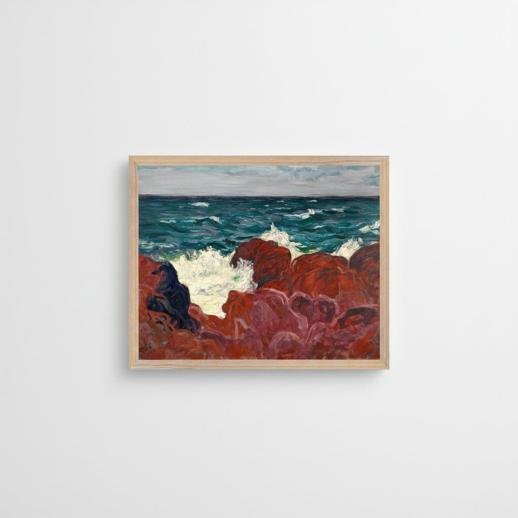 Framed print of “Red Rocks and Sea” by Roderic O’Conor on a clean white gallery wall, soft diffused lighting, oak frame, museum-style interior, high-end editorial mock-up.