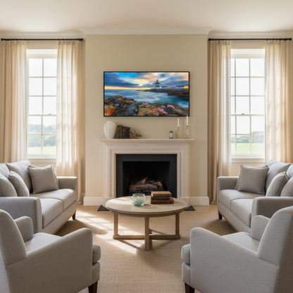 Hook Head Lighthouse framed print centred above a limestone fireplace in a Georgian coastal home; neutral palette, linen textures, soft window light.