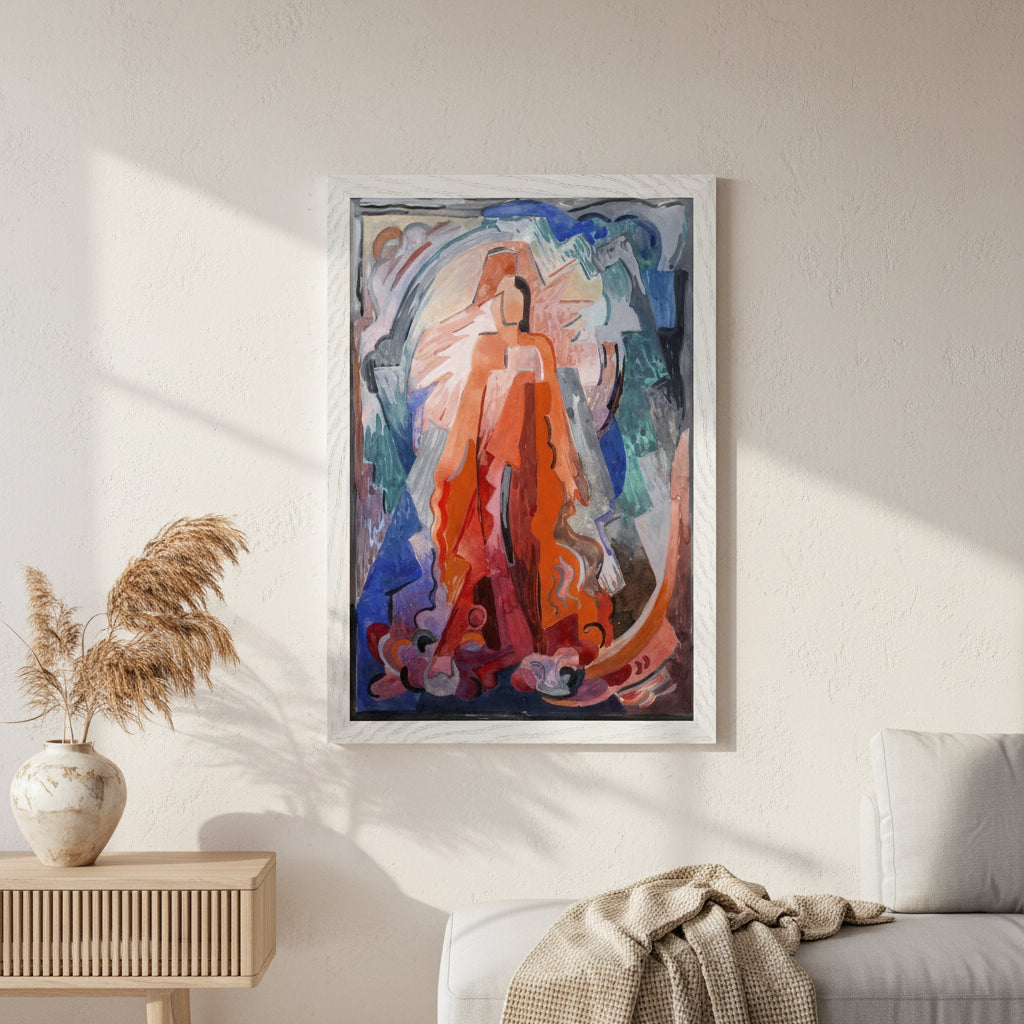 I Have Trodden the Winepress Alone by Irish Artist Mainie Jellett art print framed print in natural white frame hanging on light plaster-textured wall,
soft overcast natural lighting, warm minimalist interior styling,
high-end Scandinavian aesthetic, 4K photographic realism