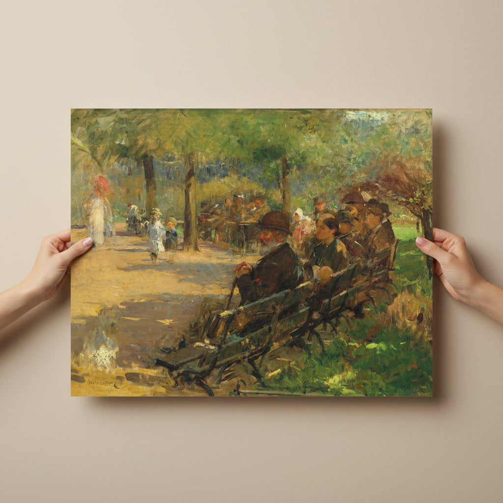 In St Stephen’s Green Dublin by Irish Artist Walter Frederick Osborne Art Print 
Unframed 40×50 cm print held by two hands at the edges against a neutral wall. Clean nails, no distractions, emphasis on scale and museum-paper texture. Editorial and photorealistic.