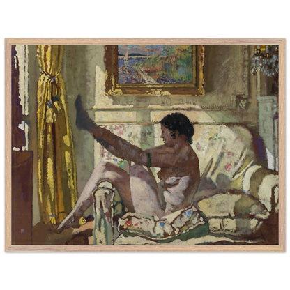 Large archival print of William Orpen’s Sunlight, nude woman on patterned sofa beneath Monet painting, 60x80 cm unframed.