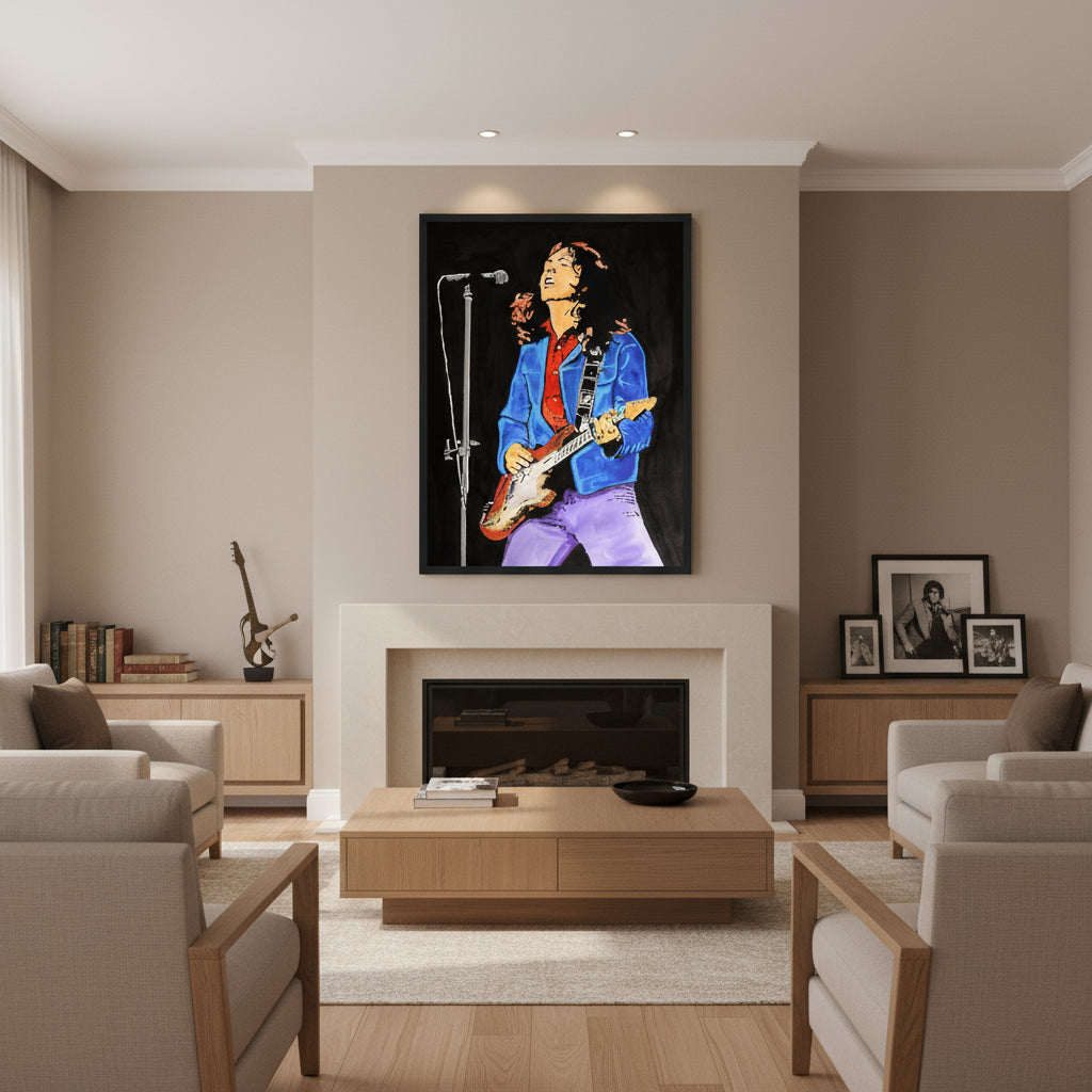 Large framed Rory Gallagher artwork above a modern fireplace, neutral tones, oak furniture, spotlight lighting and subtle rock-and-roll elegance.