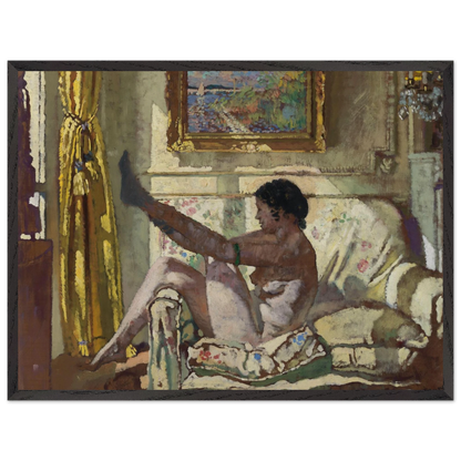 Large framed print of William Orpen’s Sunlight, intimate studio interior with nude figure, black wooden frame, 60x80 cm.