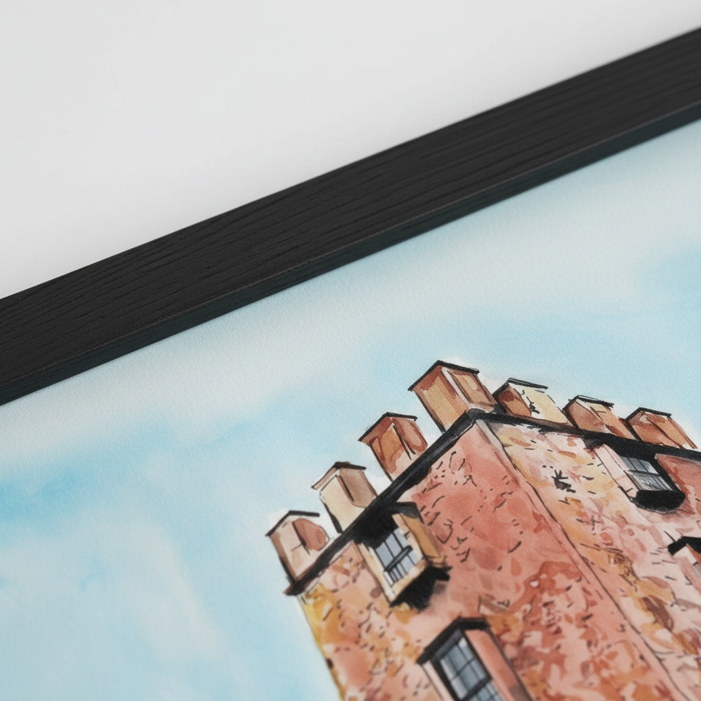 Macro close-up of The Curfew Tower Cushendall art print in a black wooden frame, showing the matte 250gsm paper texture, sharp corners, precise fit, soft diffused lighting.
