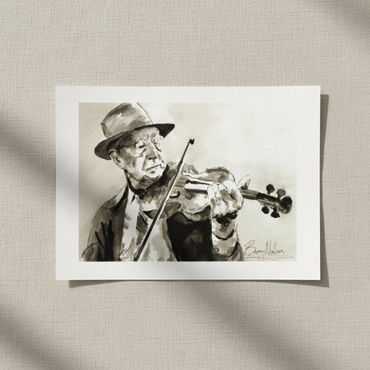 Old Irish Traditional Fiddle Player Framed Wall Art Print by Irish Artist, unframed gallery edition art print lying on neutral fabric background, soft shadows, natural light, minimal styling, emphasis on paper texture
