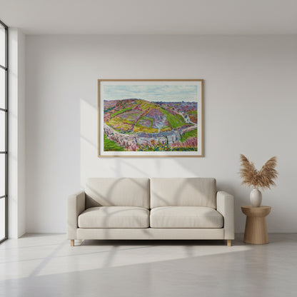 Paysage, Pont Aven (1892) by Roderic O’Conor, post-Impressionist Breton landscape in vivid purples and greens, museum-quality art print. A bright, minimalist interior styled for contemporary home décor. Clean white or soft neutral wall, natural daylight entering from the side, creating gentle shadows. 
On the wall: a Gallery Edition framed art print, shown in a slim modern gallery frame natural wood 
