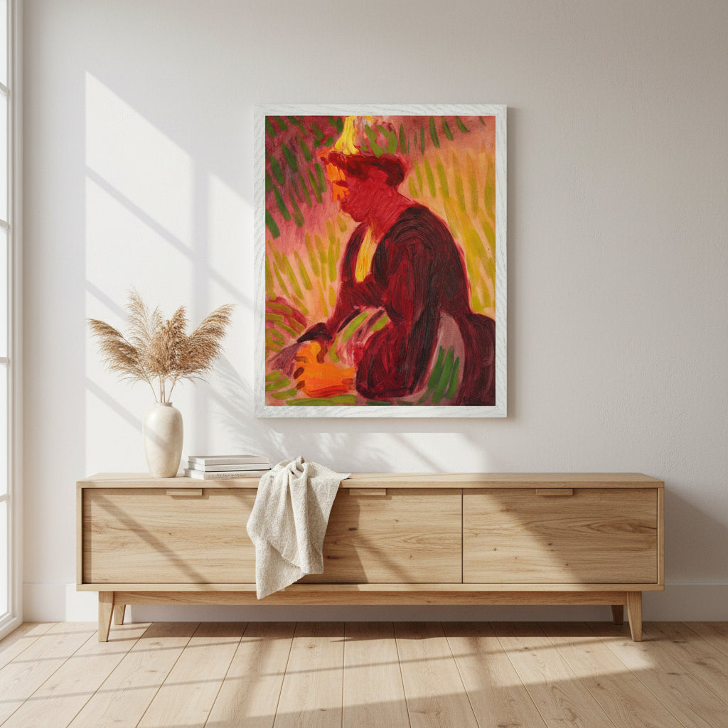 "Peasant Woman Seated Outdoors by Roderic O’Conor Collector’s Edition print in white hardwood frame with UV-protective glazing."Fine art print in a white hardwood gallery frame showcased above a bright, airy sideboard in a coastal-inspired or modern farmhouse interior. Soft natural light, subtle shadows, premium lifestyle styling.