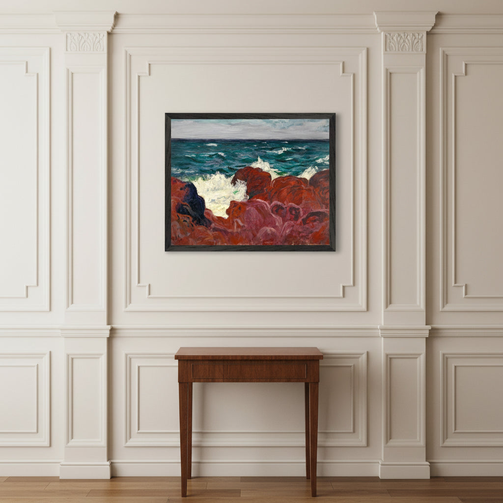 Georgian-style room with moulded wall panelling, muted cream tones, elegant antique side table, framed artwork hung symmetrically, soft warm light.