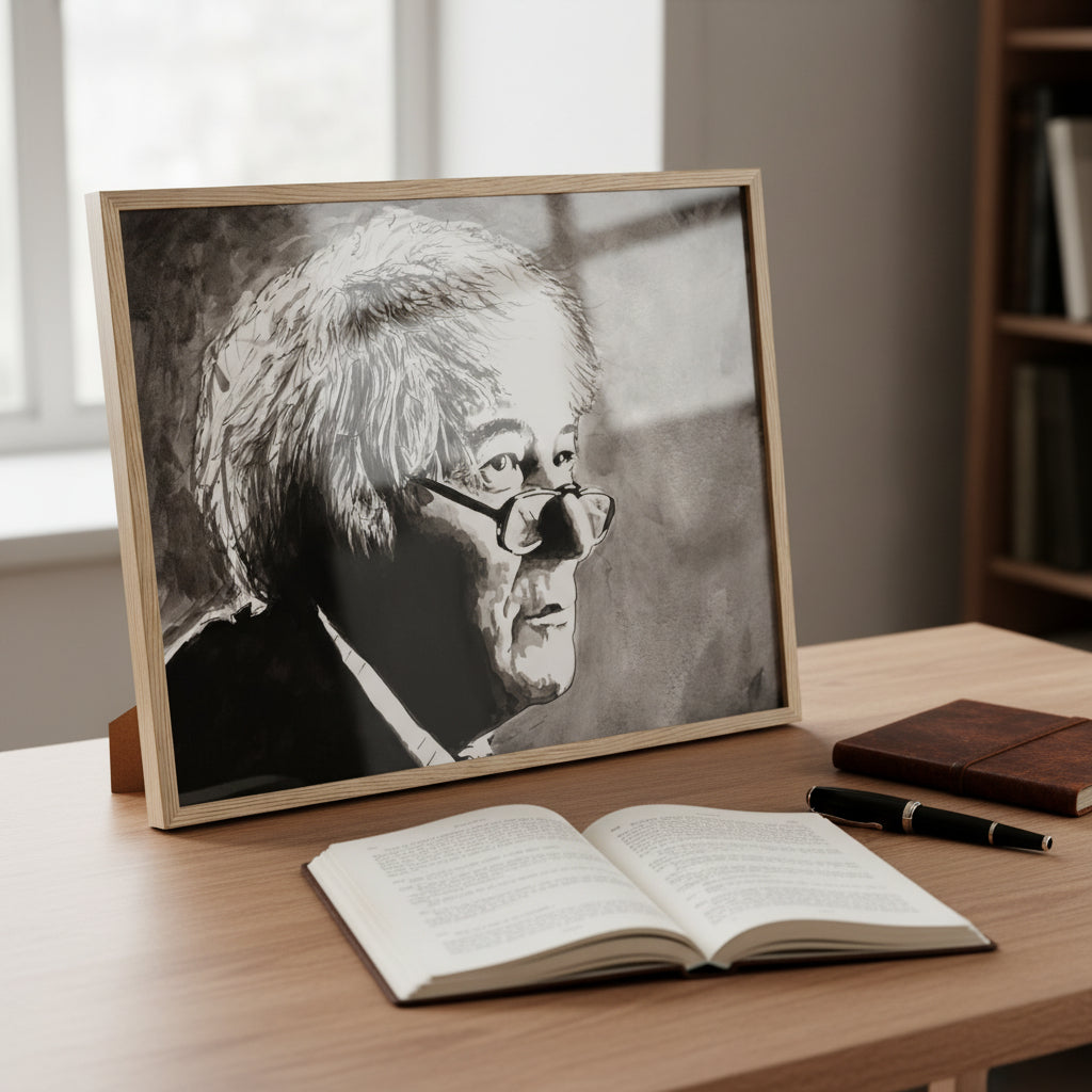 Oak-framed print behind a minimalist desk in a writer’s office, with a fountain pen, notebook, and open poetry anthology nearby. Subtle reflections in the plexiglass hint at soft daylight and calm focus.
