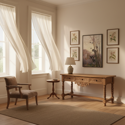 A framed fine-art print of “Shades of Evening” by Mildred Anne Butler displayed in a softly lit Irish country home with antique oak furniture, linen drapes, and pale swalls.
