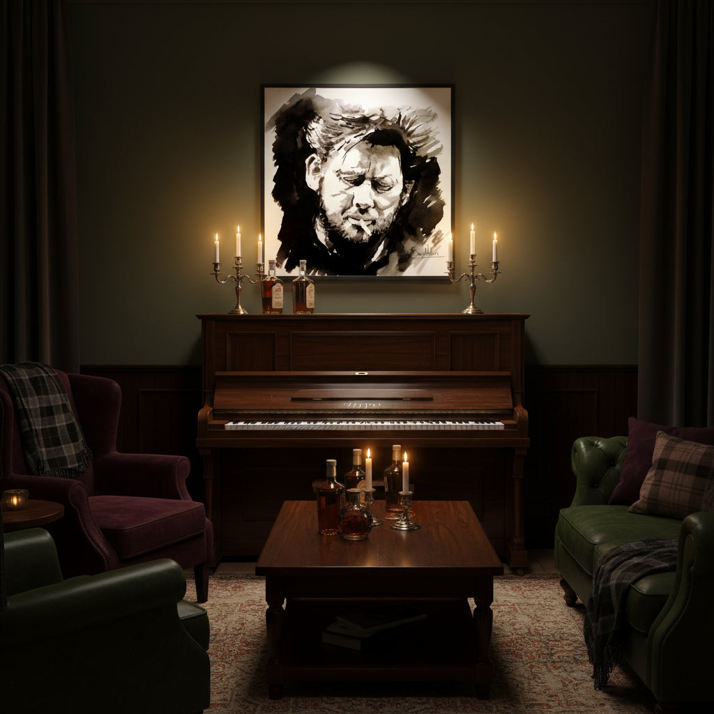 Shane MacGowan portrait in black wood frame above piano in dark-toned living room, soft spotlight and candlelight evoking Irish pub warmth and music heritage.