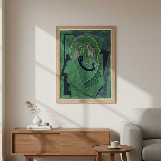 Single Element (c.1938) by Mainie Jellett in a natural oak/ash wooden frame, geometric Irish abstract art print in green and blue tones.