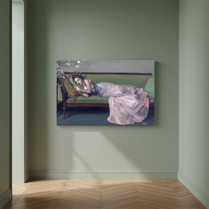 The Green Sofa by Sir John Lavery canvas print on a sage green wall in an empty room