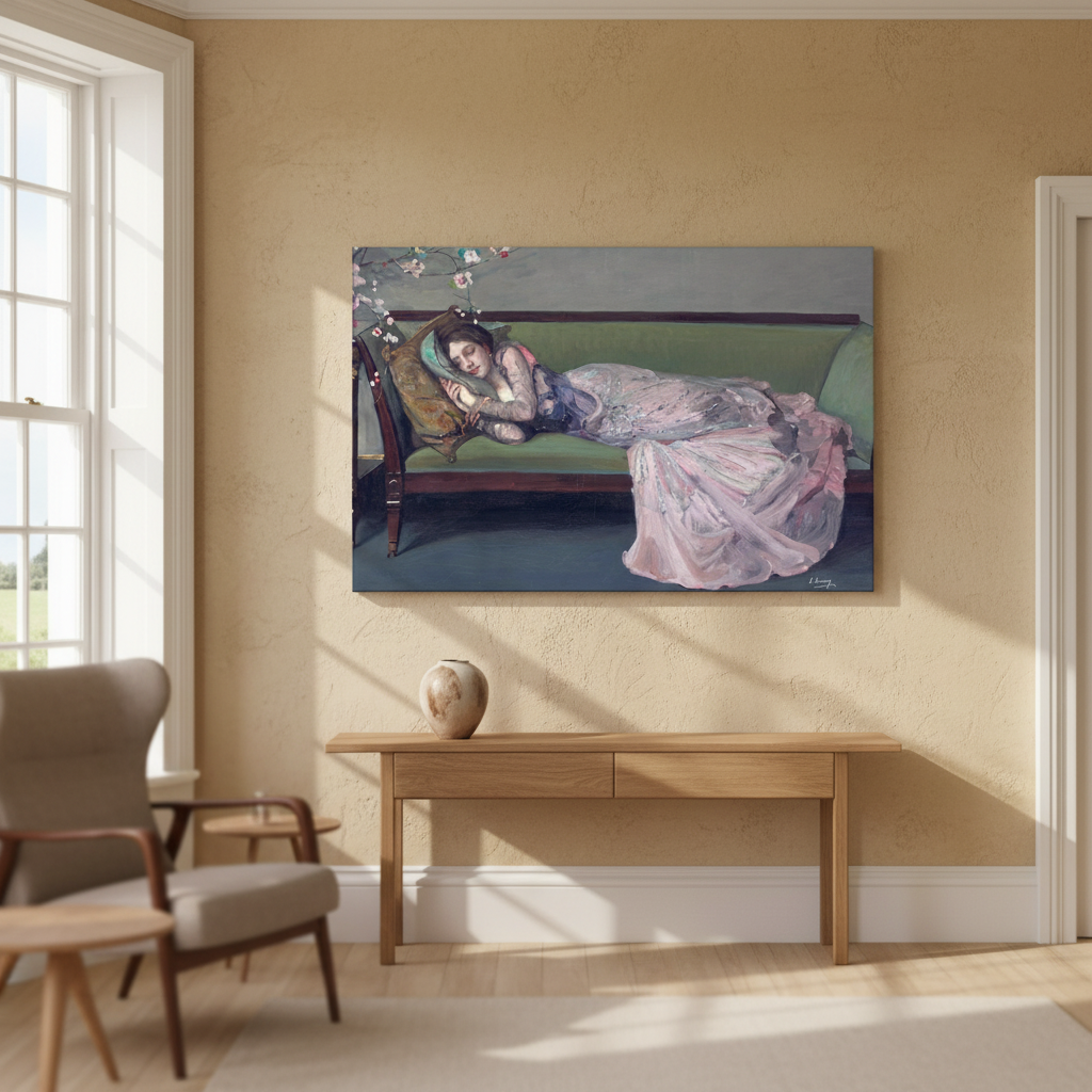 The Green Sofa by Sir John Lavery canvas above a wooden console table in a warm sunlit room