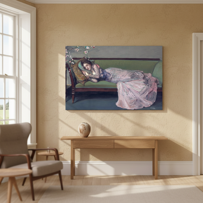 The Green Sofa by Sir John Lavery canvas above a wooden console table in a warm sunlit room