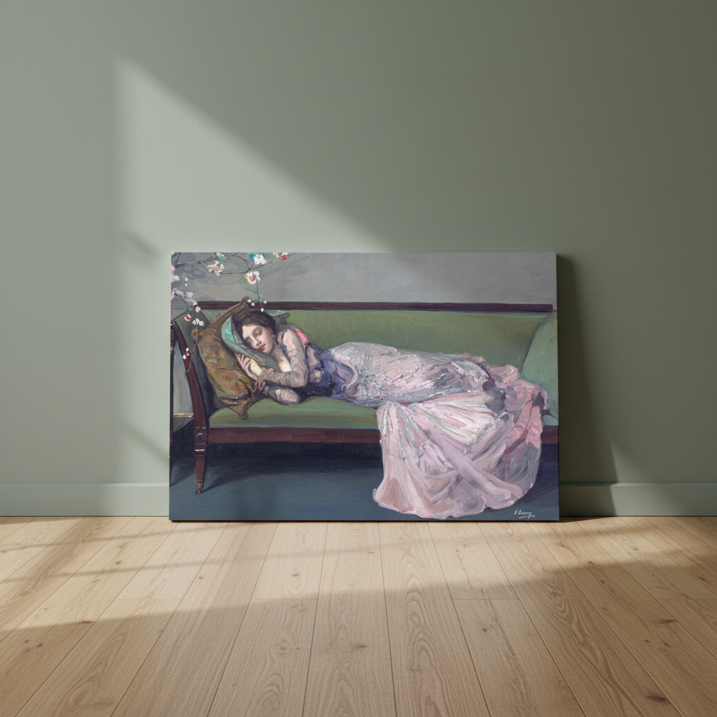 The Green Sofa by Sir John Lavery canvas leaning against a green wall on a wooden floor