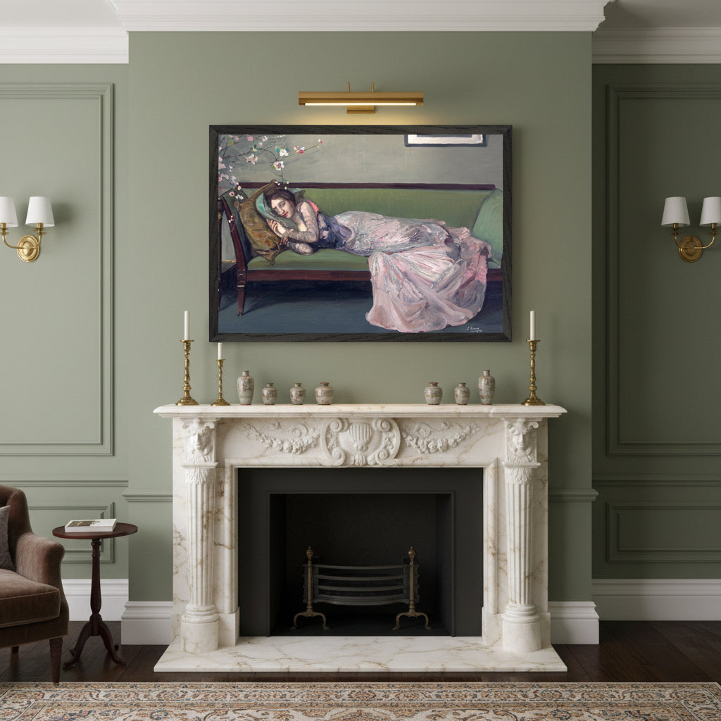 The Green Sofa by Sir John Lavery — A2 Irish art print in black frame above fireplace, heritage home wall art, Buy Irish Art