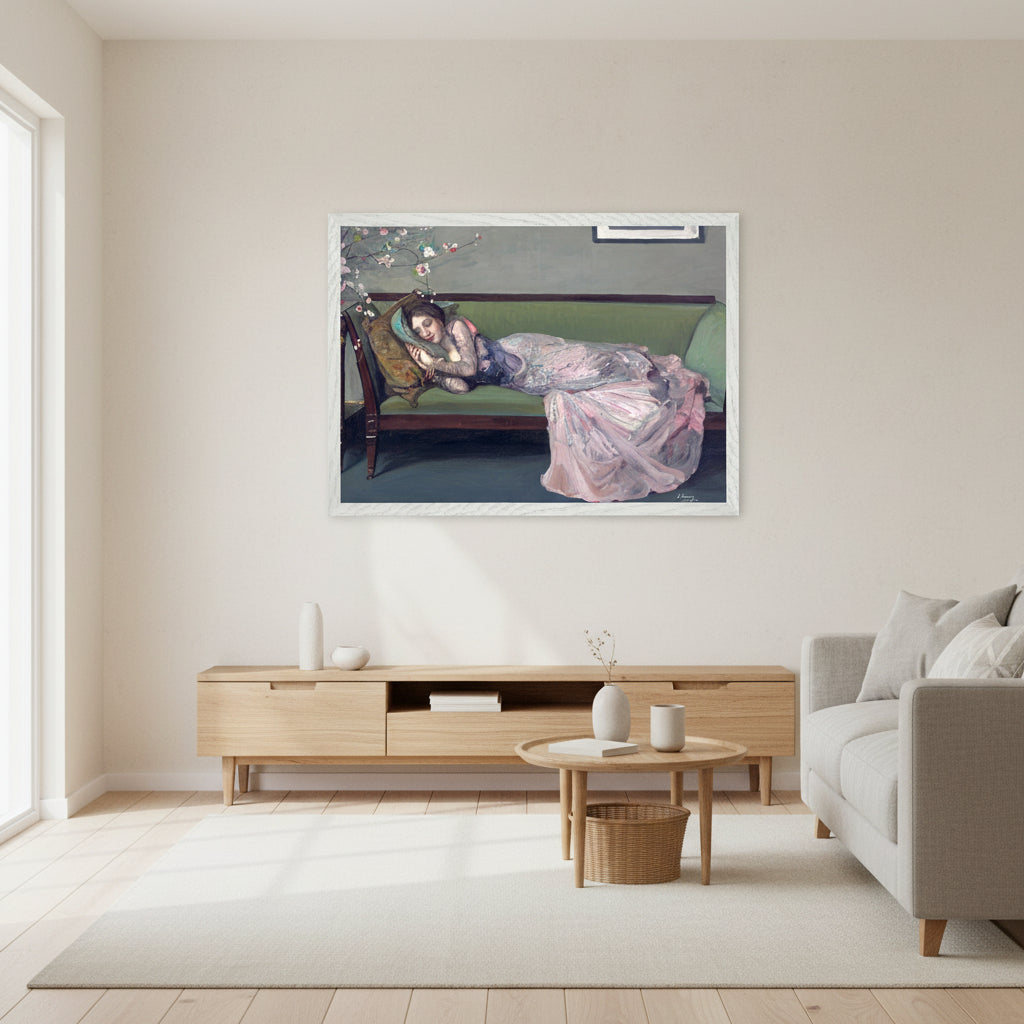 The Green Sofa by Sir John Lavery in A2 size, white gallery frame, premium finish in coastal-inspired interior, pale walls, oak furniture.