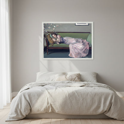 The Green Sofa by Sir John Lavery in A3 size, framed in a white hardwood gallery frame, light-filled bedroom, linen bedding, soft neutrals, serene atmosphere.