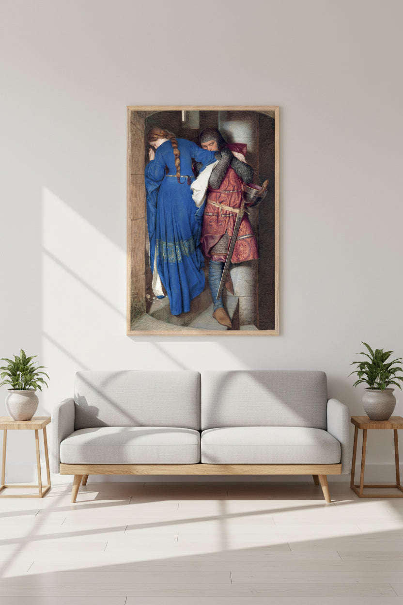 The Meeting on the Turret Stairs by Frederic William Burton, 60x90 cm vertical art print in a natural wood gallery frame, premium Collector’s Edition print, hanging above a low mid-century sofa in a bright Scandinavian living room, neutral walls, soft daylight, wooden floor, plants and simple ceramics, artwork colours vivid and accurate, straight-on view