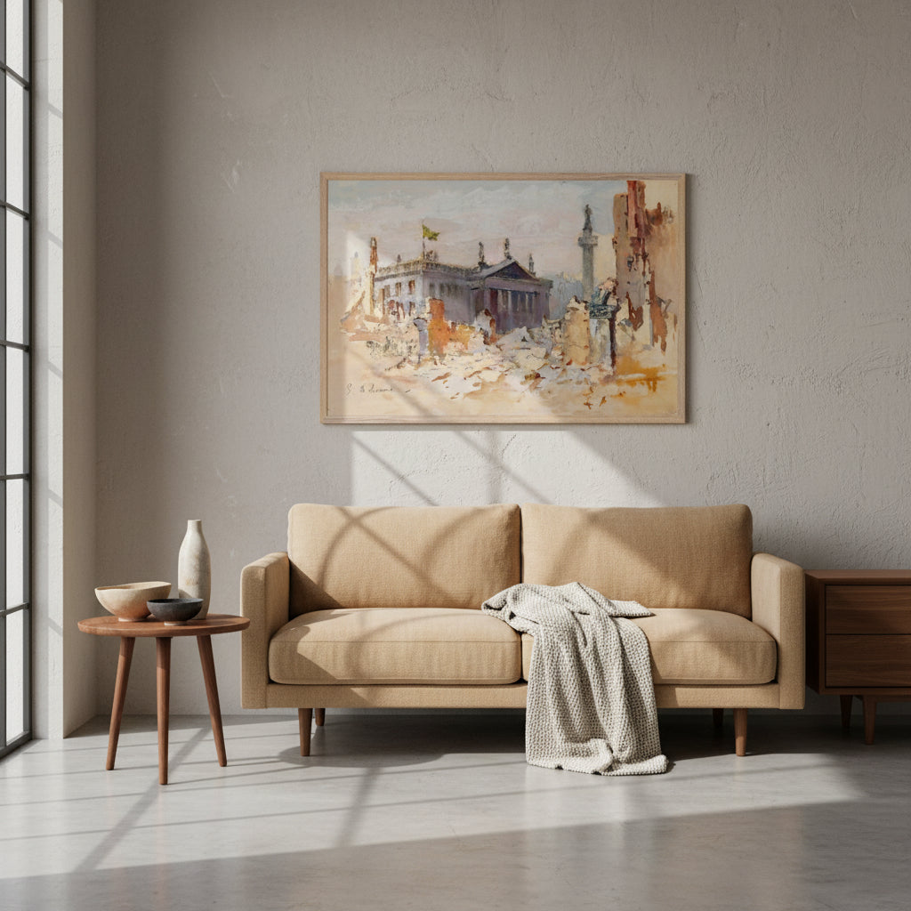 The Ruins of O’Connell Street, 1916 by Edmond Delrenne, Oak-framed print on a neutral plaster wall above a linen sofa and mid-century furniture. Soft daylight, Irish craft ceramics nearby — blending tradition with contemporary luxury.