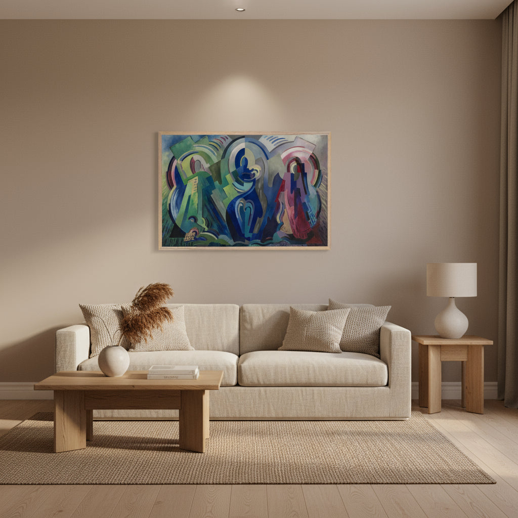 The Virgin of Éire by Mainie Jellett framed print above a cream sofa and coffee table in a warm beige living room