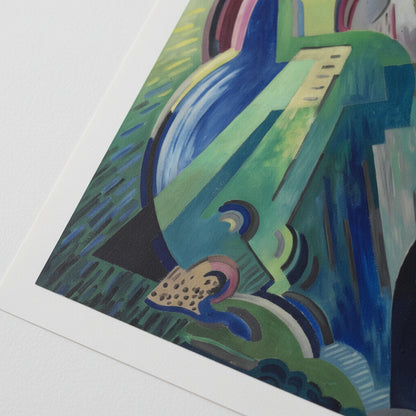 The Virgin of Éire Print Mainie Jellett Close-up macro shot of unframed museum-quality art print showing edge, grain, and matte texture, soft raking light revealing fine ink detail, minimalist background, ultra-sharp 4K.
