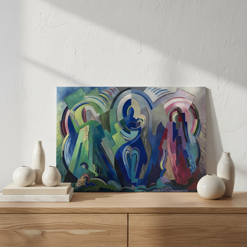 The Virgin of Éire Print – Mainie Jellett | Irish Modern Art | Cubist Madonna & Saints | Irish Heritage Gift | Museum Quality Reproduction Unframed print propped against plastered white wall on wooden console, with small ceramic vases and a book beside, ambient natural light, soft shadows, premium lifestyle presentation.
