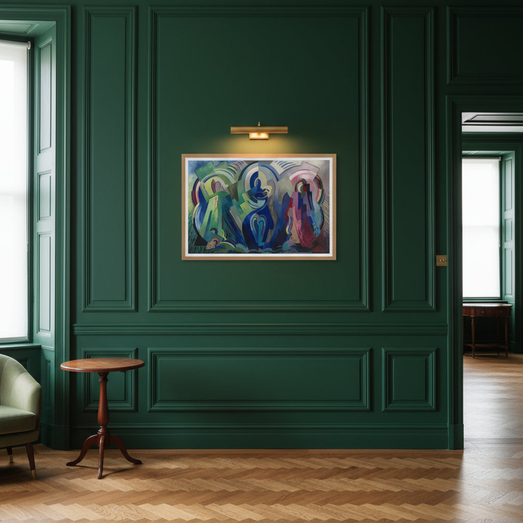 The Virgin of Éire by Mainie Jellett framed art print displayed in luxury Georgian interior with green panelled walls and brass lighting