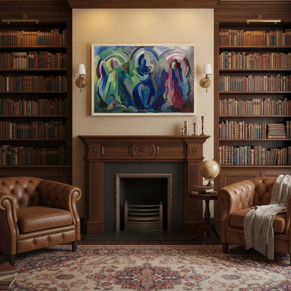 The Virgin of Éire by Mainie Jellett – natural wood framed Irish Modernist print Natural oak gallery frame around the print of The Virgin of Éire, placed in warm heritage study with leather armchairs, dark wood bookshelves, warm indirect light, premium fine-art atmosphere, ultra-realistic 4K.
