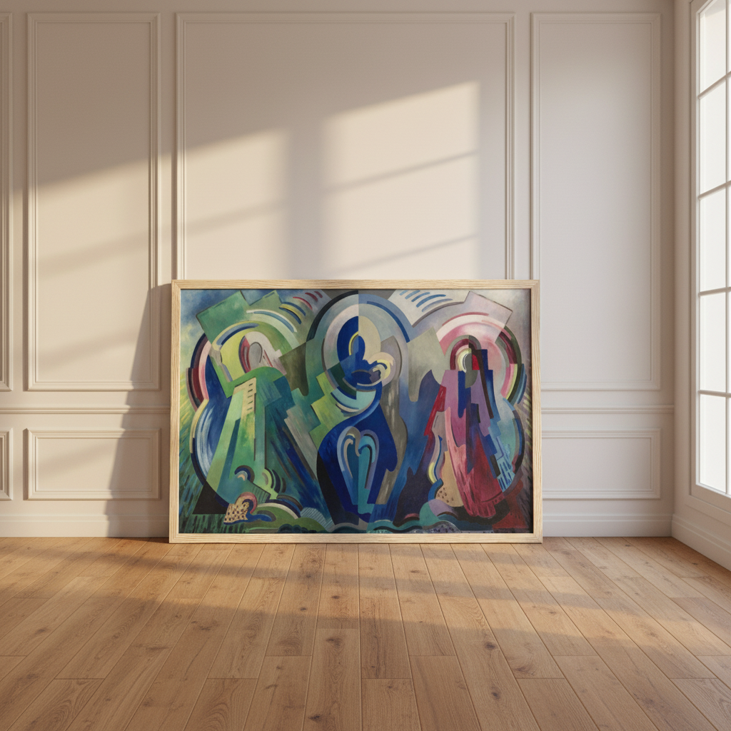 The Virgin of Éire by Mainie Jellett in a natural wood frame leaning on the floor of a bright panelled room