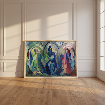 The Virgin of Éire by Mainie Jellett in a natural wood frame leaning on the floor of a bright panelled room